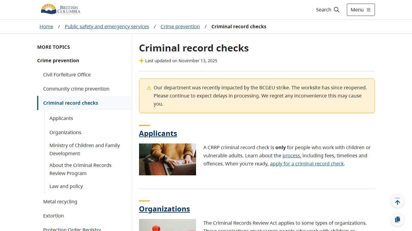 Criminal record checks - Province of British Columbia