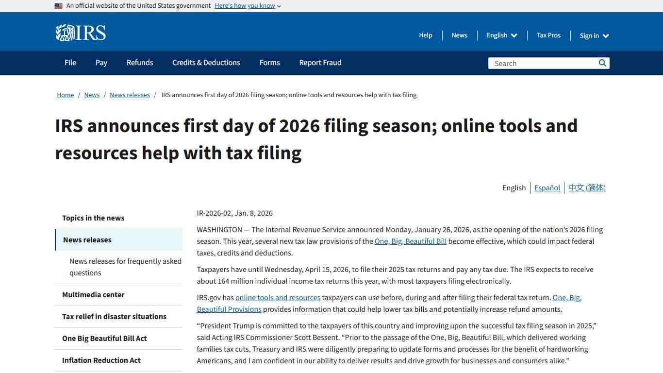 IRS announces first day of 2026 filing season; online tools and resources help with tax filing | Internal Revenue Service